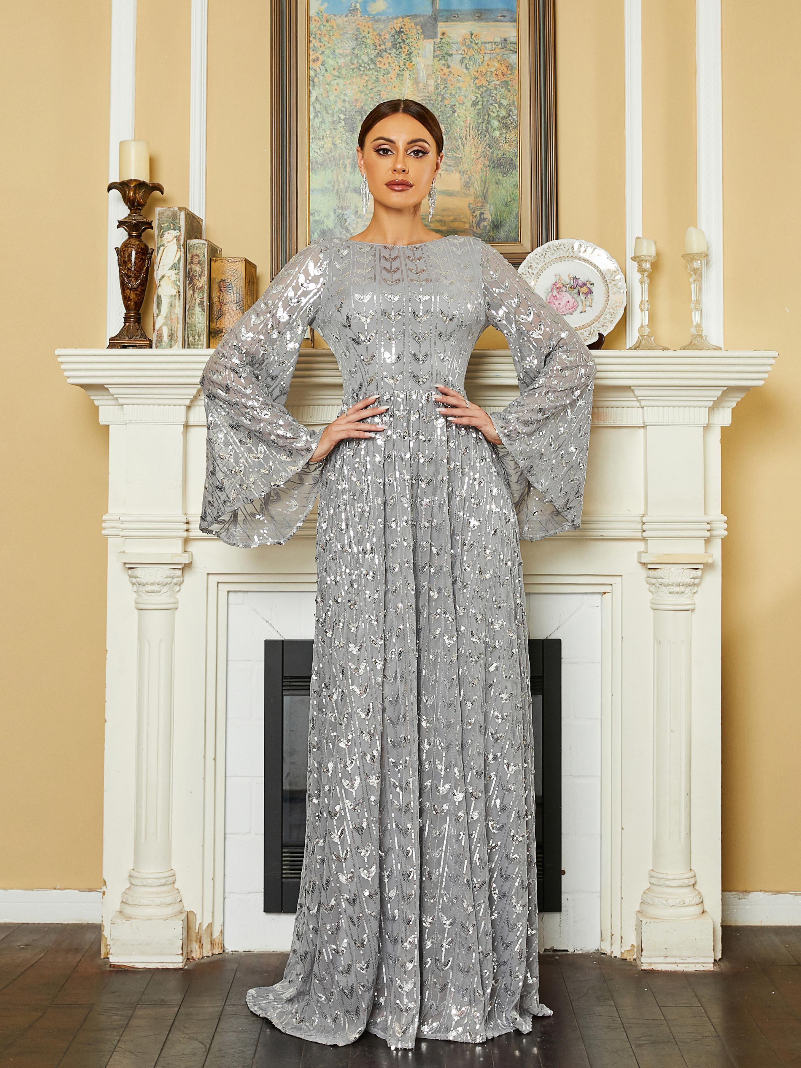 Bell Sleeve Backless Sequin Evening Dress