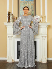 Bell Sleeve Backless Sequin Evening Dress