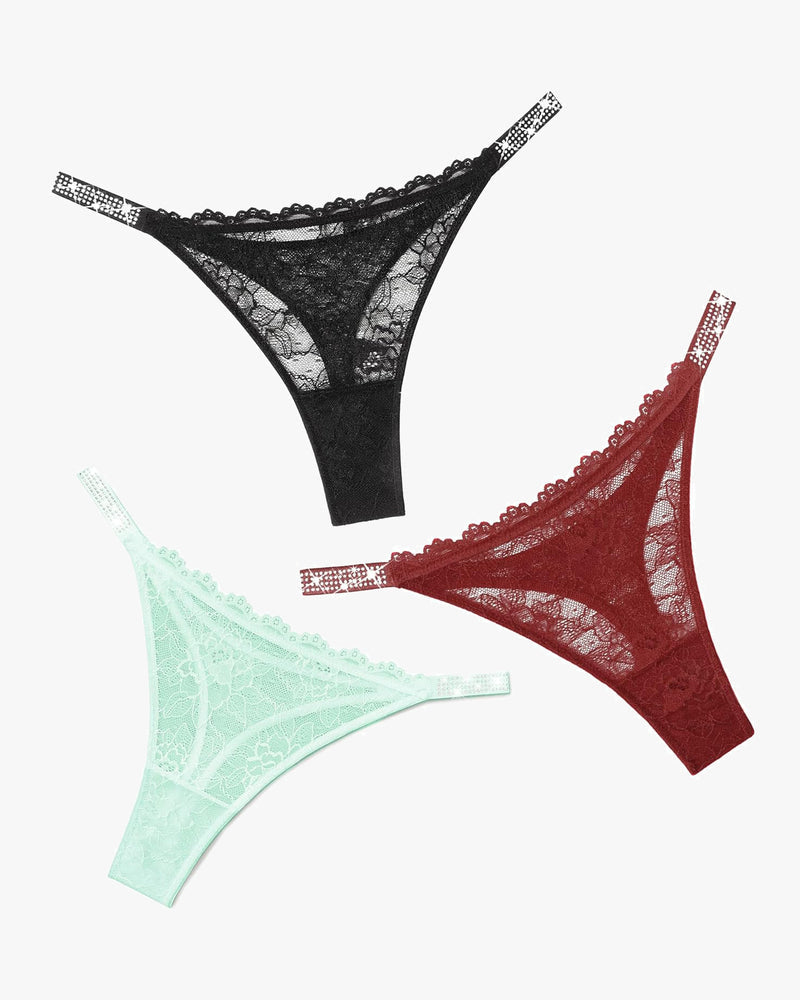 Lace Thongs with Rhinestone-Embellished Strap