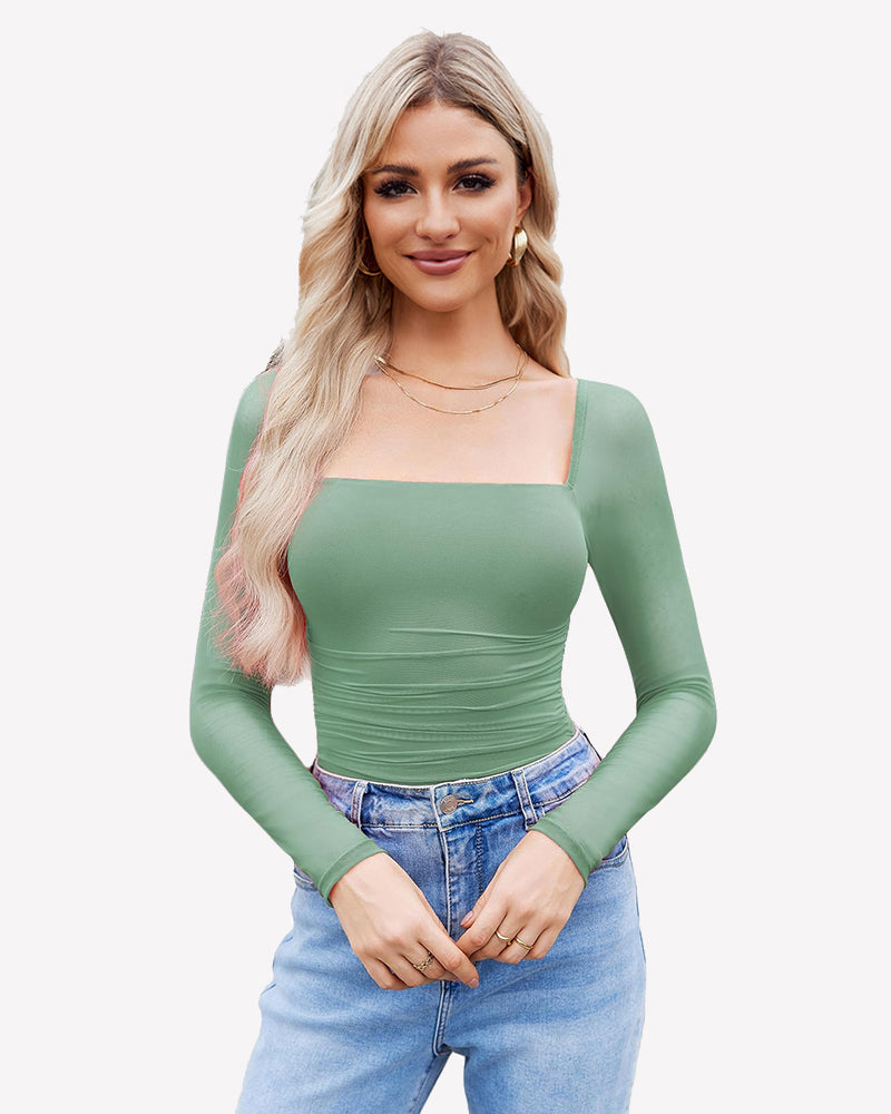 Square Neck Mesh Long Sleeve Bodysuit Shapewear