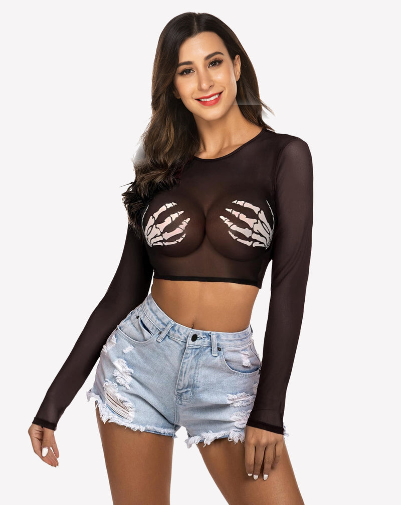 Mesh Crop Top Long Sleeve See Through Shirt