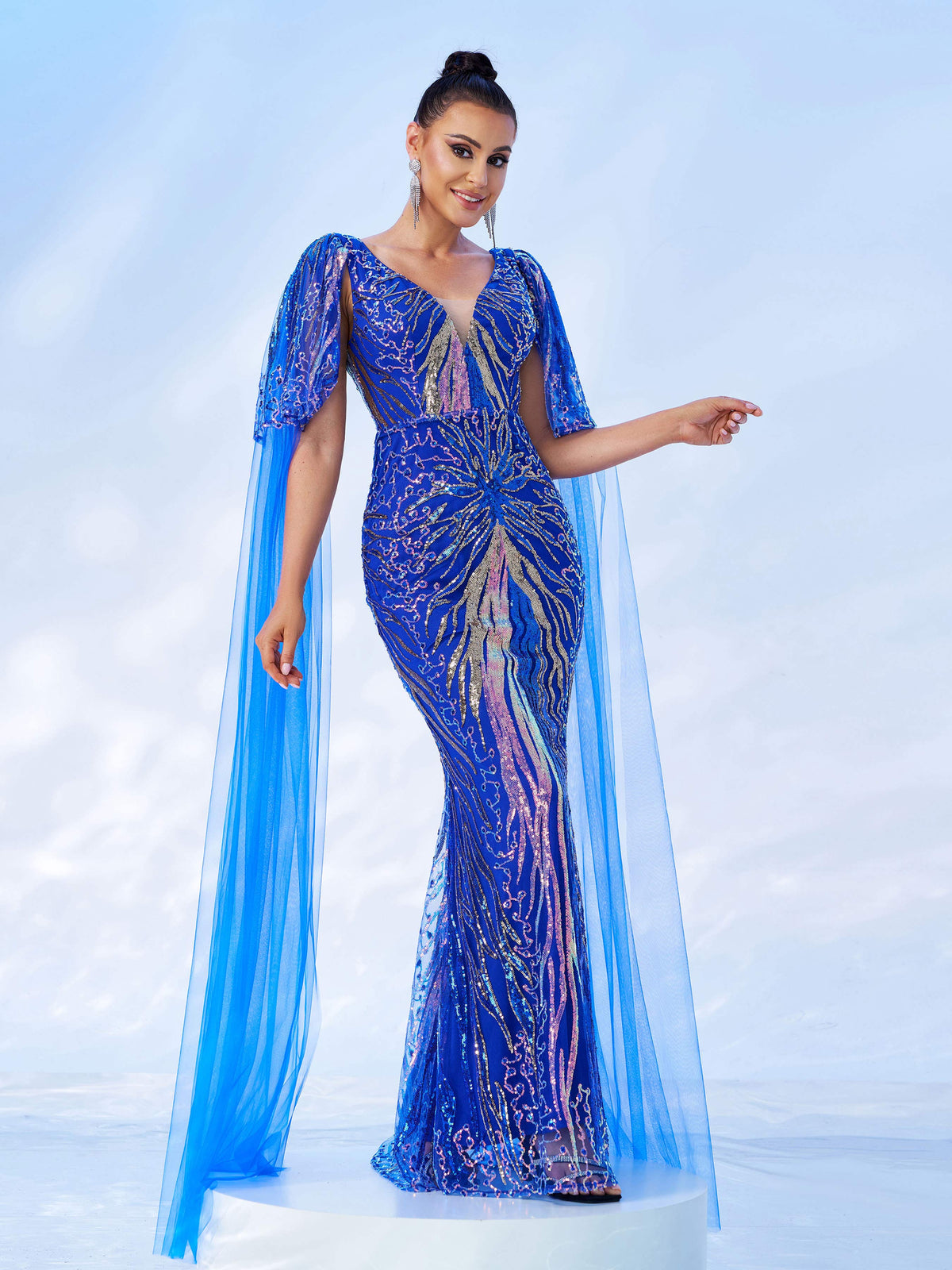 Mesh Sleeve Backless Sequin Mermaid Prom Dress