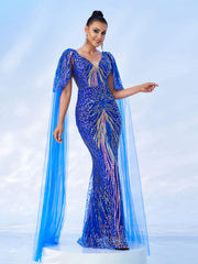 Mesh Sleeve Backless Sequin Mermaid Prom Dress