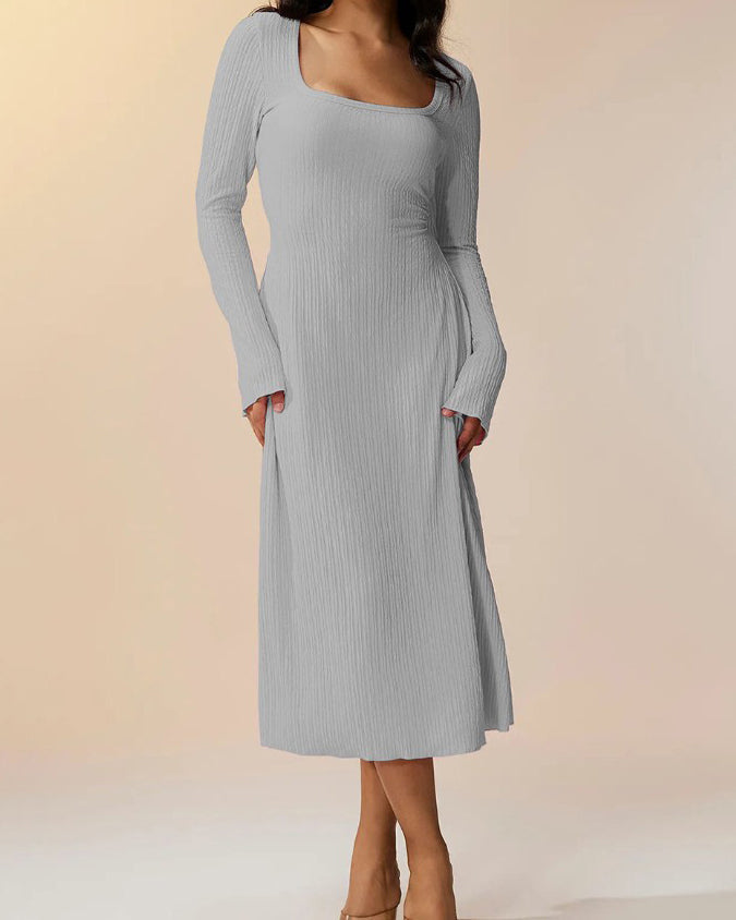 Knitted Ribbed Square Neck Long-Sleeved Tie Dress