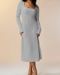 Knitted Ribbed Square Neck Long-Sleeved Tie Dress