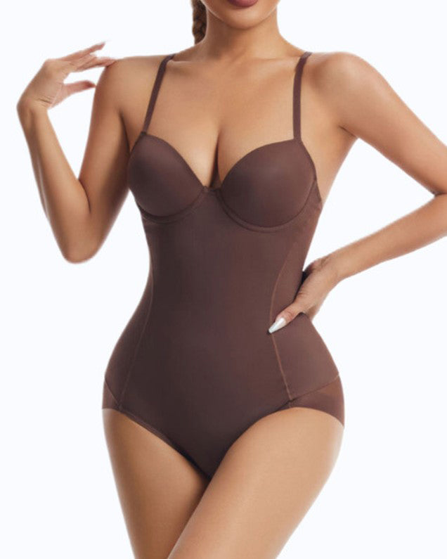 V-Neck Mesh Tummy Control Thong Shaping Bodysuit
