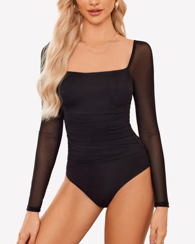 Square Neck Ruched Mesh Long Sleeve Shaping Bodysuit