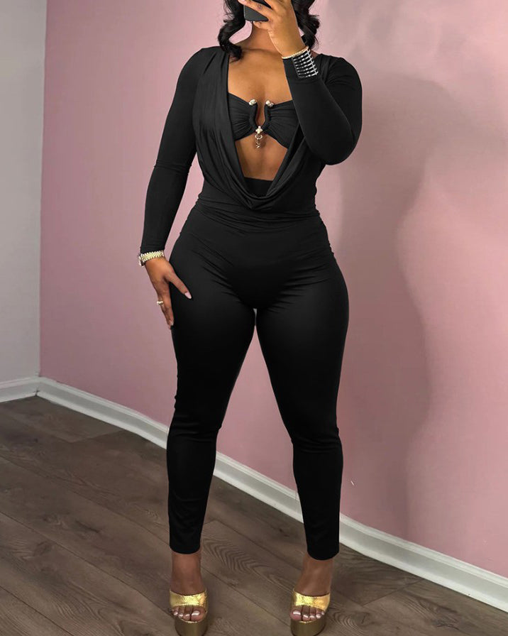Draped Neck Slimming Long-Sleeved Jumpsuit