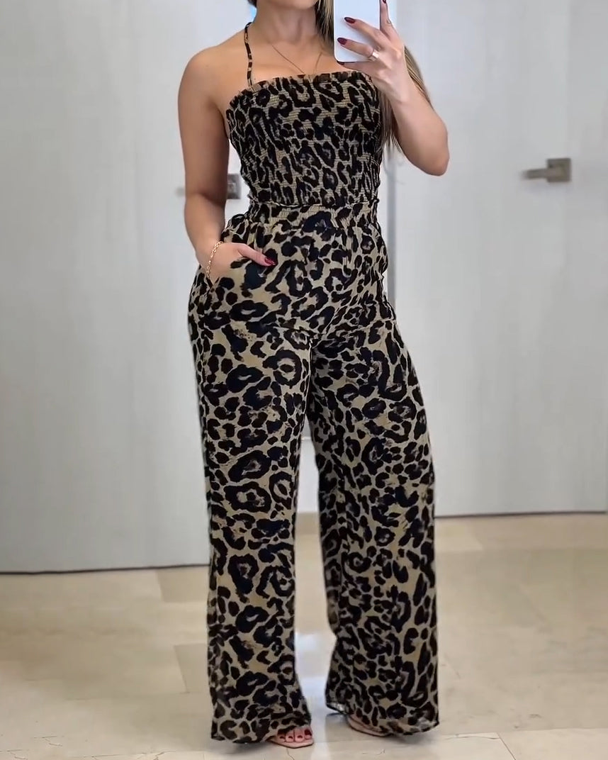 Leopard Print Backless Wide-Leg Jumpsuit