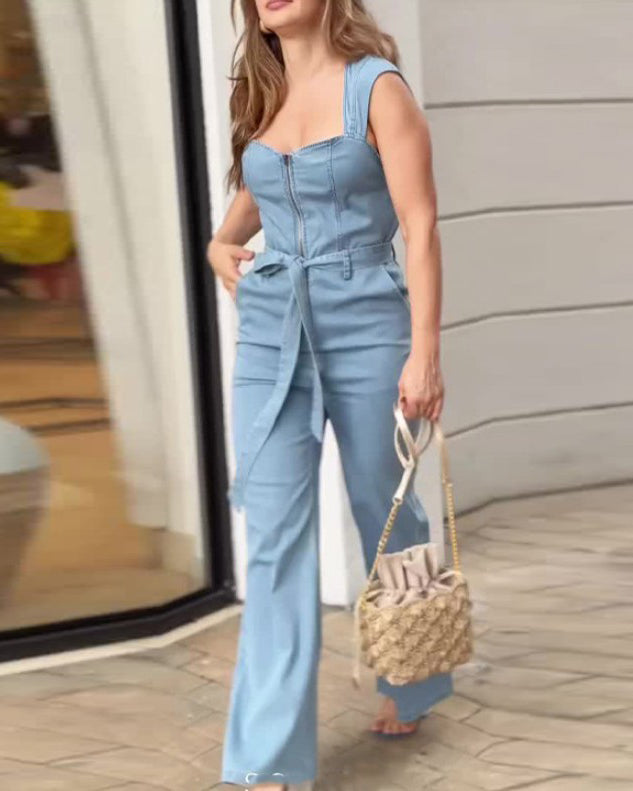 Square-Neck Casual Denim Jumpsuit