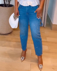 Rhinestone High-Rise Straight-Leg Jeans