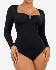 Cutout Long-Sleeved Tummy Shaping Thong Bodysuit