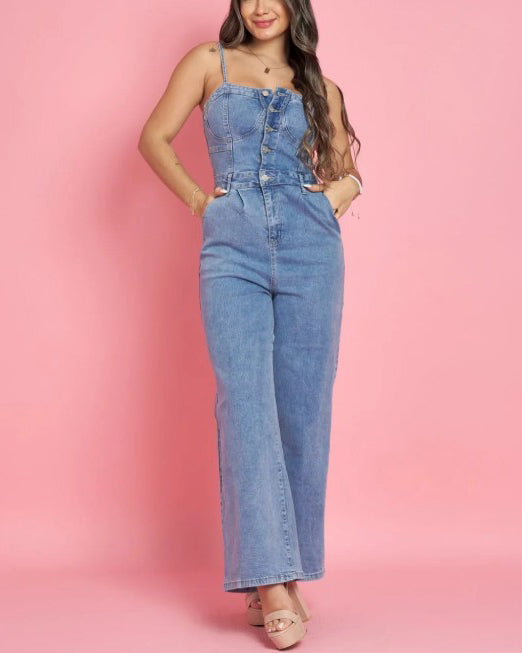 Slim-Fit Denim Wide-Leg Jumpsuit