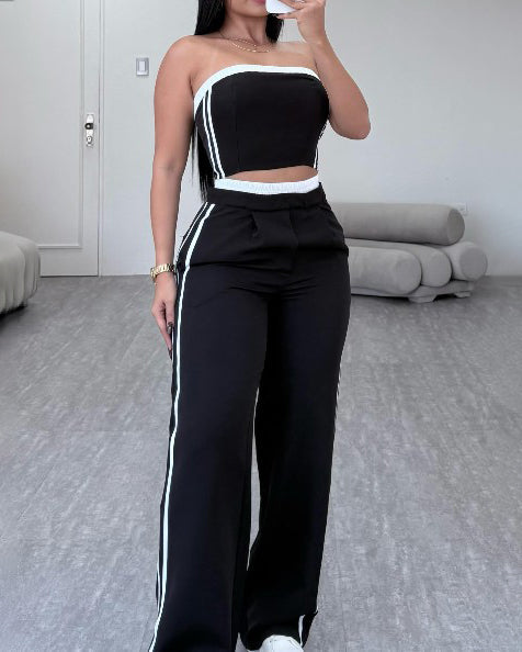 Stitching Style Tube Top Wide Leg 2 Piece Set