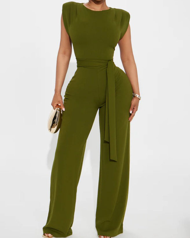 Slim-Fitting Sleeveless Belted Wide-Leg Jumpsuit