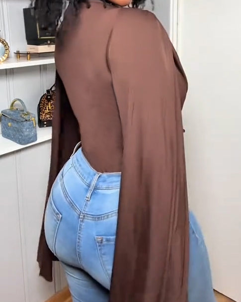Round Neck Ruched Shawl Long Sleeve Thong Bodysuit