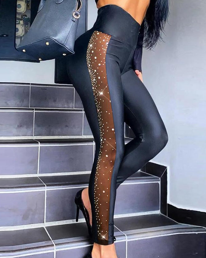 Shiny Mesh-Paneled Leather Skinny Leggings