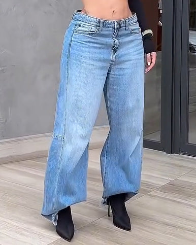 High-Waisted Raw-Edge Wide-Leg Jeans