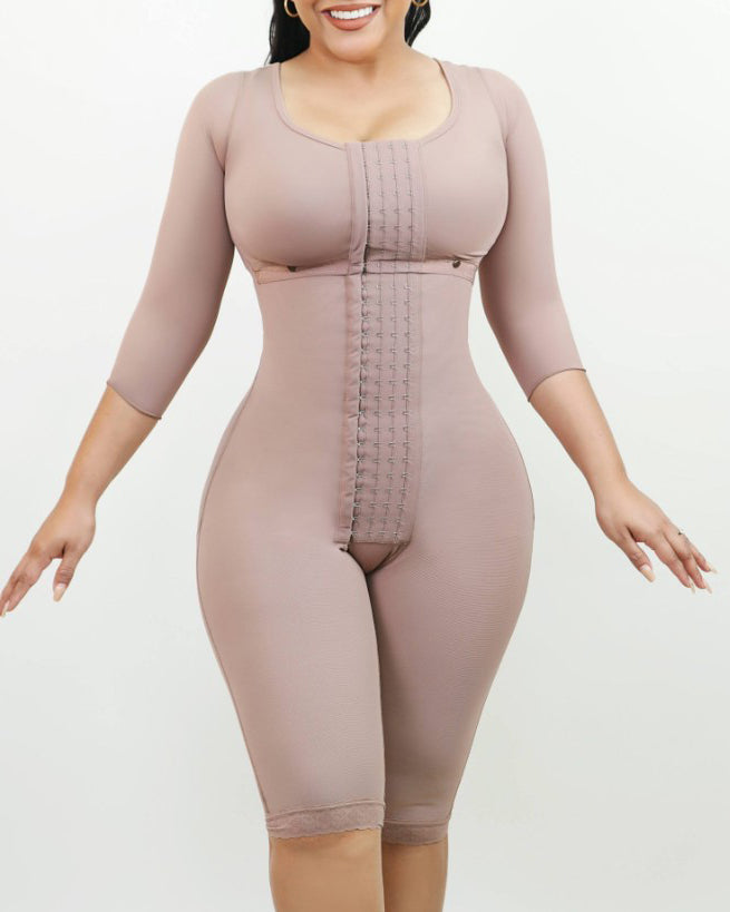 Long-Sleeved 4-Row Hook-and-Eye Tummy Control Shapewear