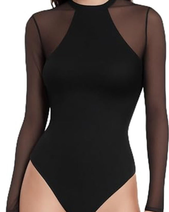 Long Sleeve Sheer Mesh Slimming Bodysuit