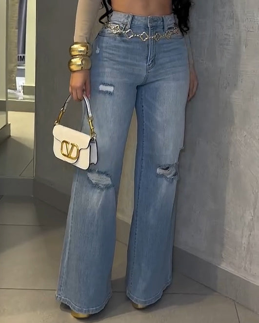 High-Stretch Ripped Wide-Leg Jeans