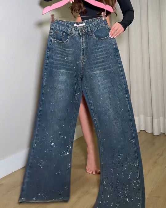 Sparkling Rhinestones Wide-Leg Denim Pants