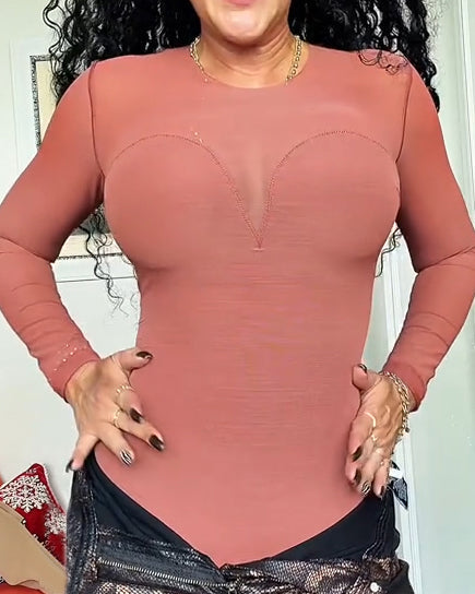 Sheer Mesh Long Sleeve Slimming Thong Bodysuit