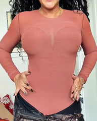 Sheer Mesh Long Sleeve Slimming Thong Bodysuit