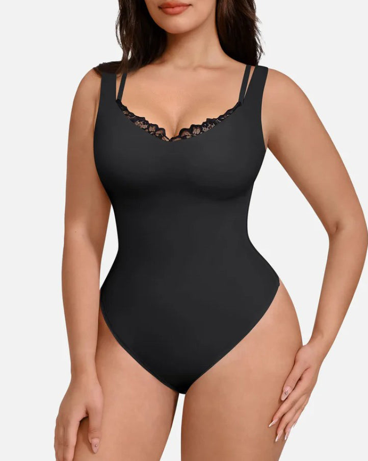 Lace-Trimmed Deep V Thong Slimming Bodysuit