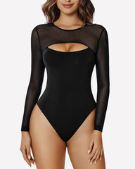 Mesh Long Sleeve Cutout Thong Shapewear Bodysuit