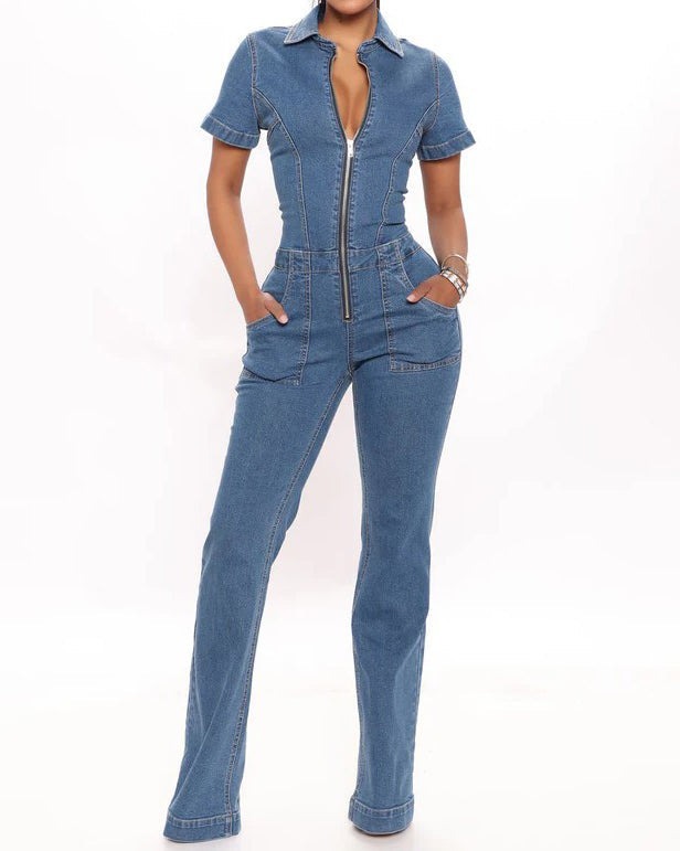 Short-Sleeved Slim-Fit Front Zip Denim Jumpsuit