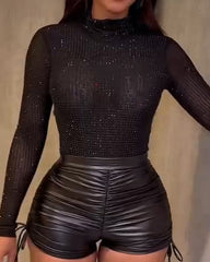 Shiny Rhinestone Stand Collar Bodysuit