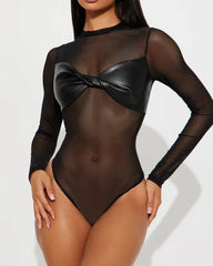 Sheer Mesh Leather Long-Sleeved Bodysuit