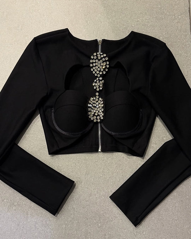 Shiny Rhinestone Hollow Long Sleeve Top