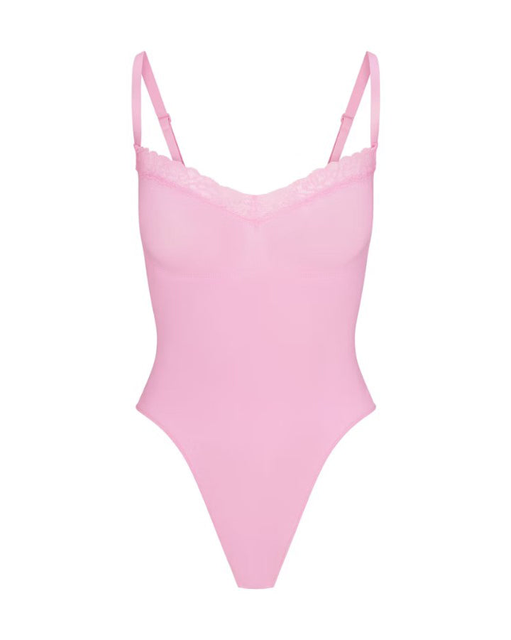 Seamless Lace Trim Slimming Thong Bodysuit