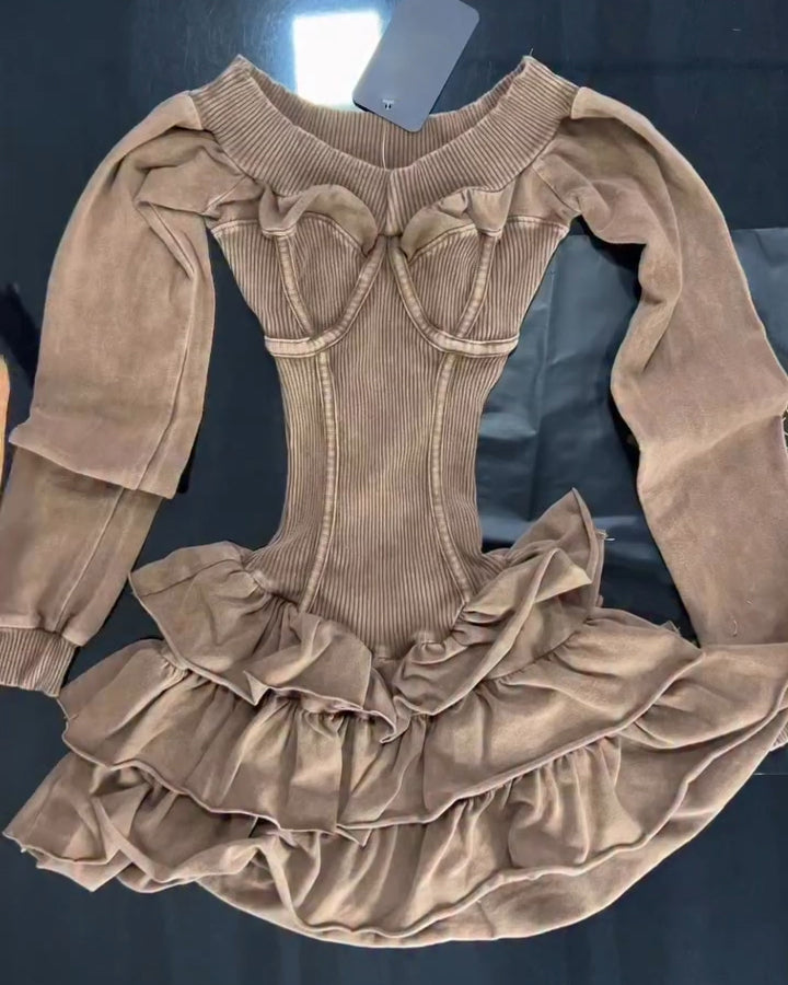 Long-Sleeved Ruffled Slim Fitted Dress