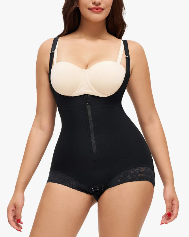 Front Zipper Lace Trims Thong Body Shaper
