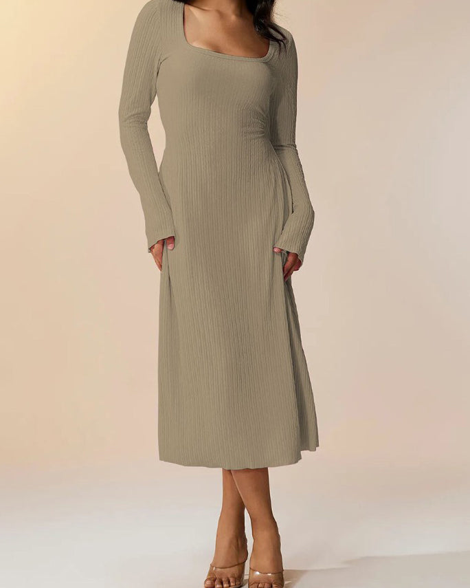 Knitted Ribbed Square Neck Long-Sleeved Tie Dress