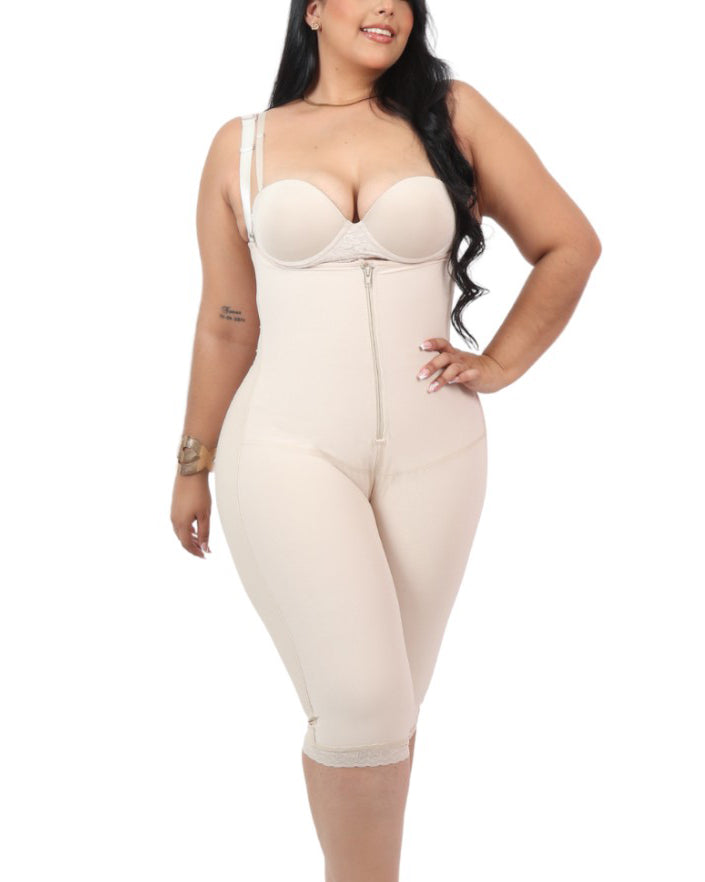 Front Zip Tummy-Control Open-Chest Mid-Length Body Shaper