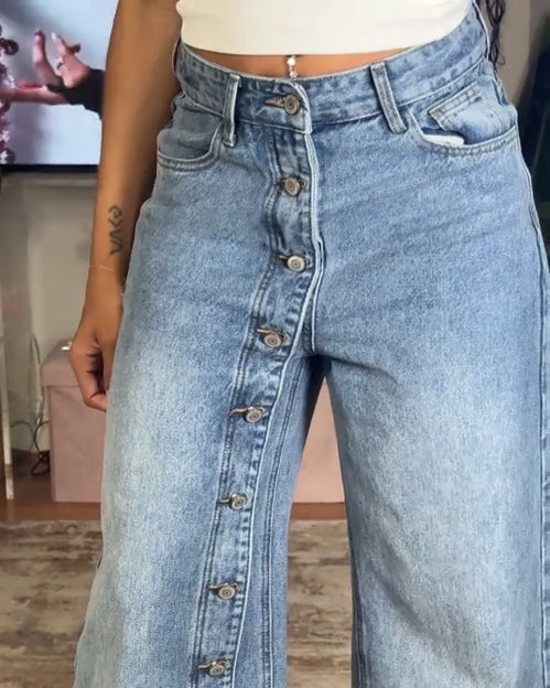 Multi-Button Straight Leg Jeans