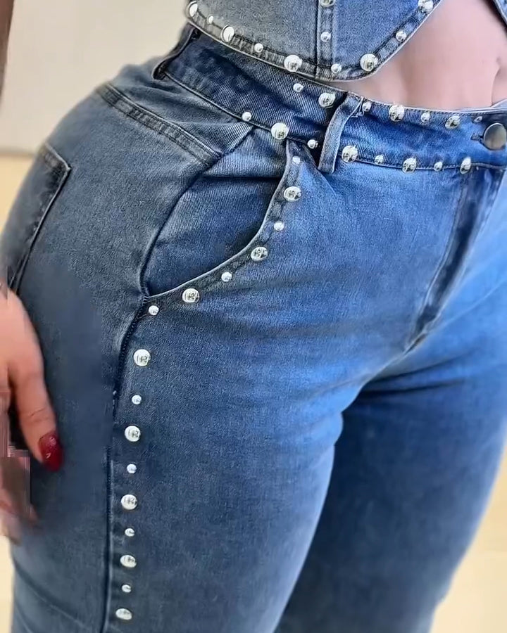 High-Elasticity Studded Straight Leg Jeans