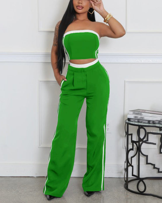 Stitching Style Tube Top Wide Leg 2 Piece Set
