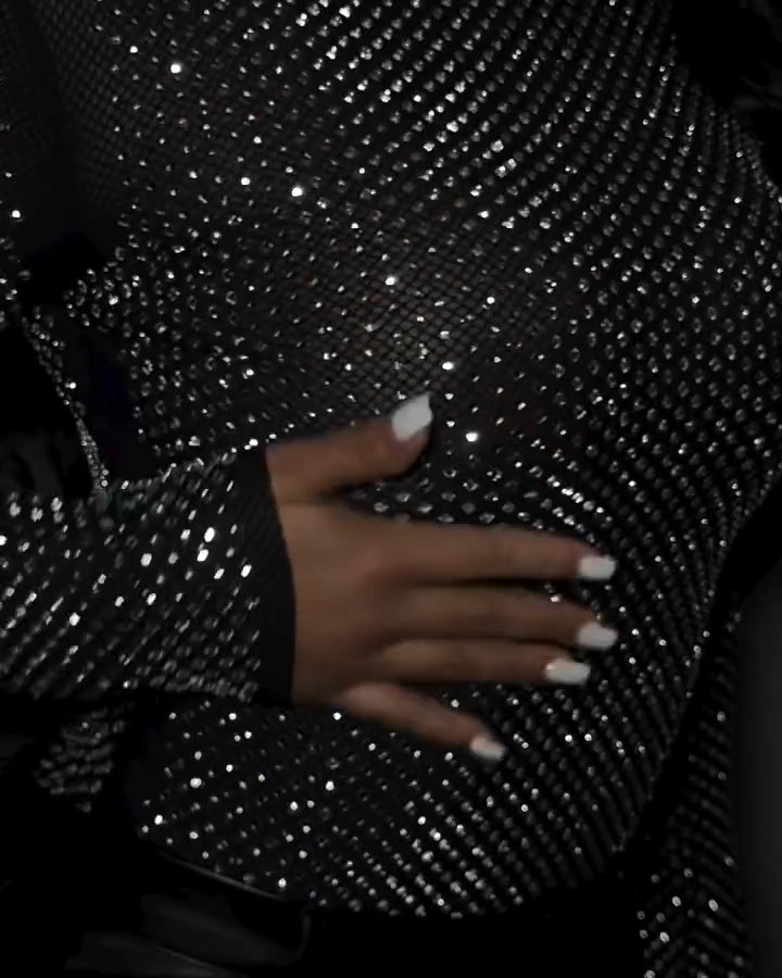 Mesh Sparkling Rhinestone Long-Sleeved Top
