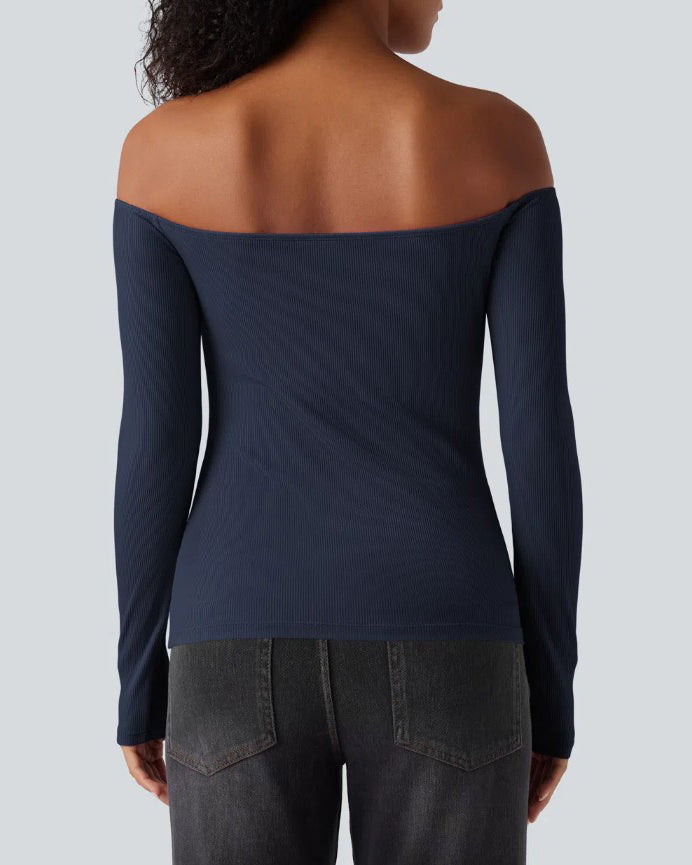 Off-Shoulder Built-In Bra Ribbed Knit Long-Sleeve Top