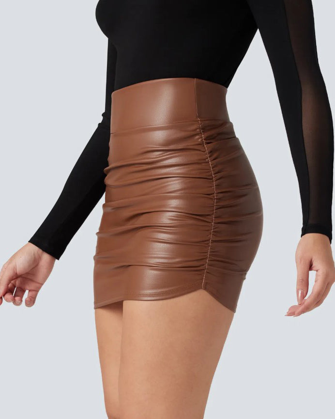 Ruched 2 In 1 Leather Mini Skirt