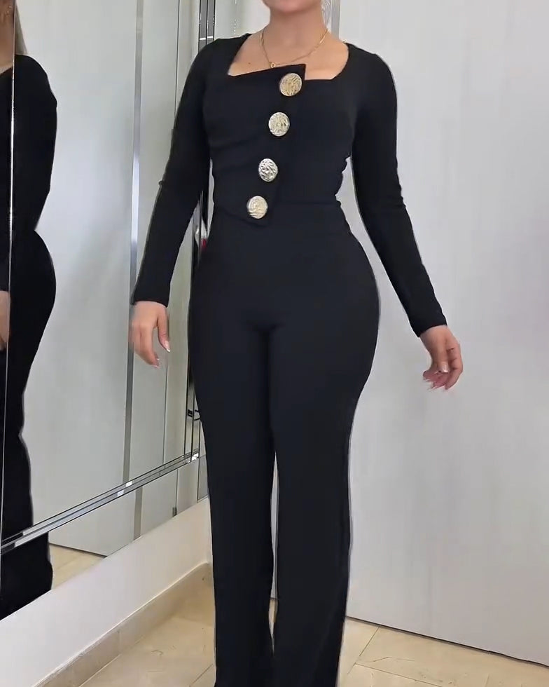 Long-Sleeved Button Slim Fit Jumpsuit