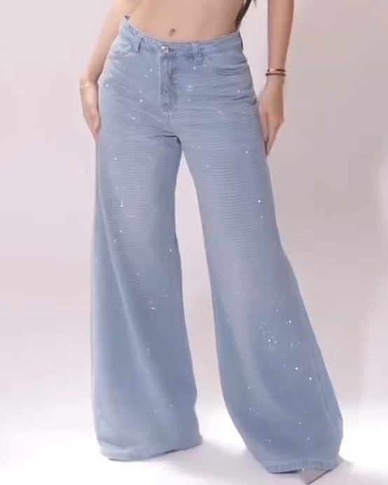 High-Rised Sparkling Rhinestones Wide-Leg Jeans
