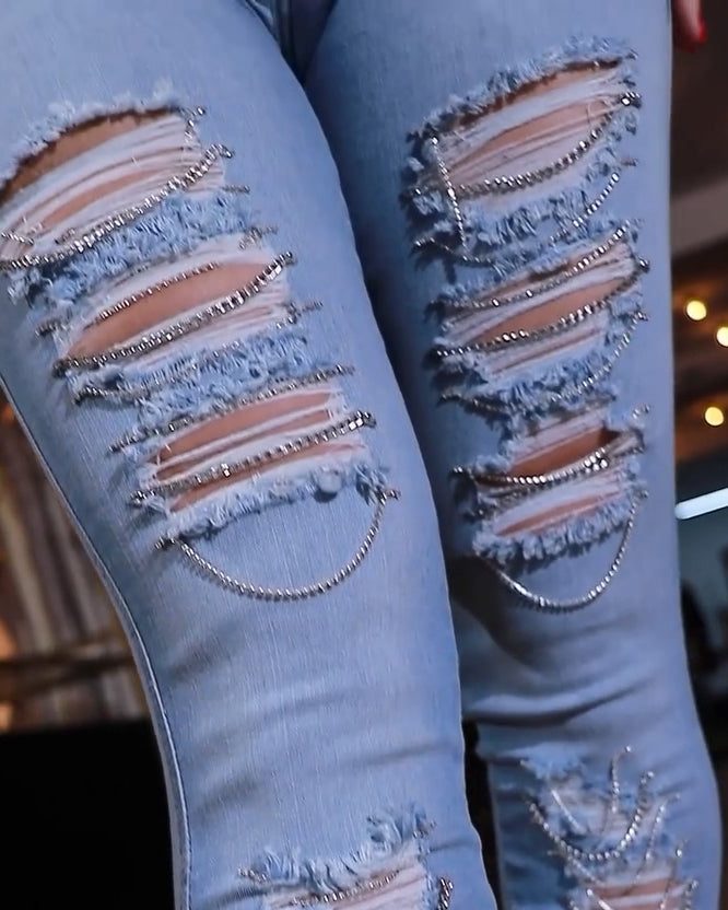 Ripped Metal Chain Skinny Jeans