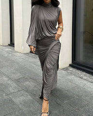 One-Shoulder Sleeve Ruched Slim Skirt 2-Piece Set