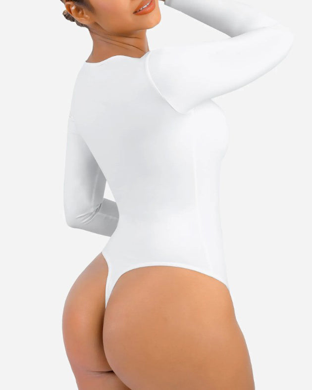 Cutout Long-Sleeved Tummy Shaping Thong Bodysuit